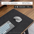 Oversized grey felt and cork desk mat with Japanese style simple design on a wooden desk