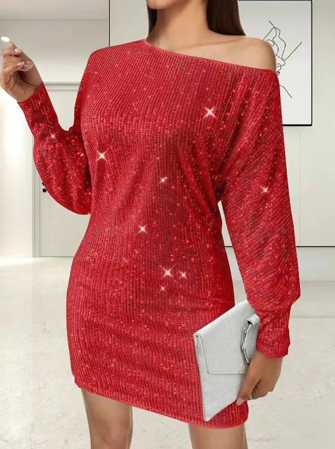Women's sequin one-shoulder long sleeve midi dress with asymmetric hem and A-line skirt in solid colour