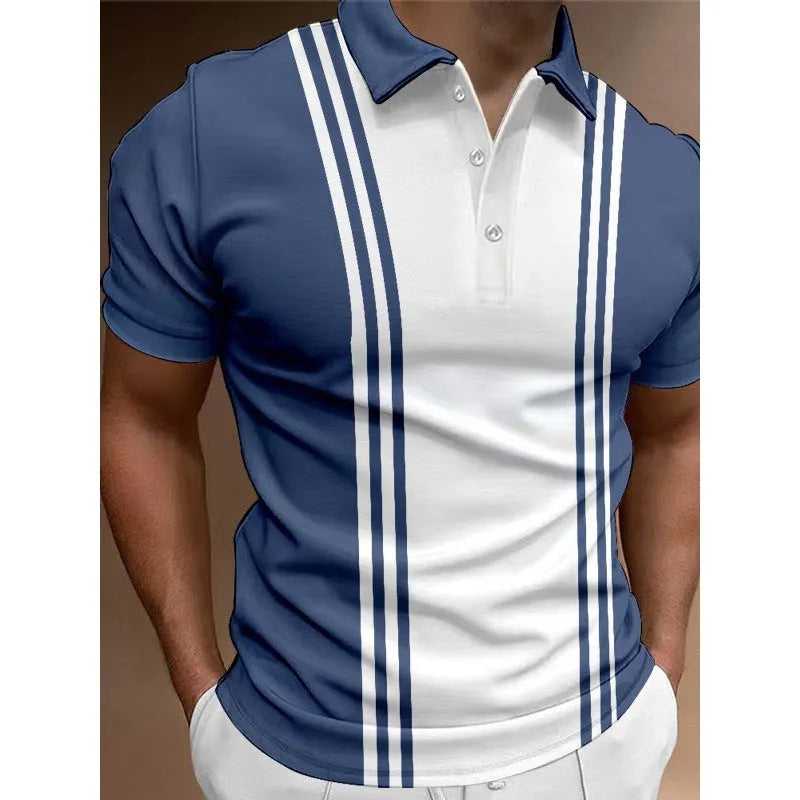 Casual 3 button lapel men's T-shirt in blue, loose fit short sleeve polyester top