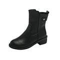 Black women's ankle boots with a side zipper, round toe, and a low rubber sole