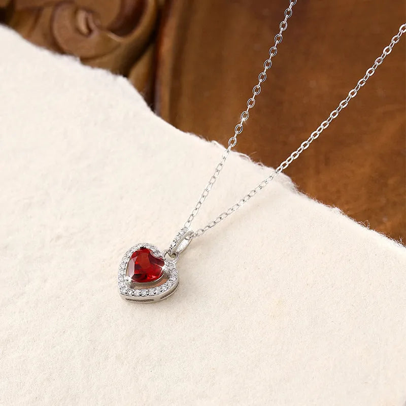Sterling silver heart pendant necklace with natural gemstone on adjustable cross chain