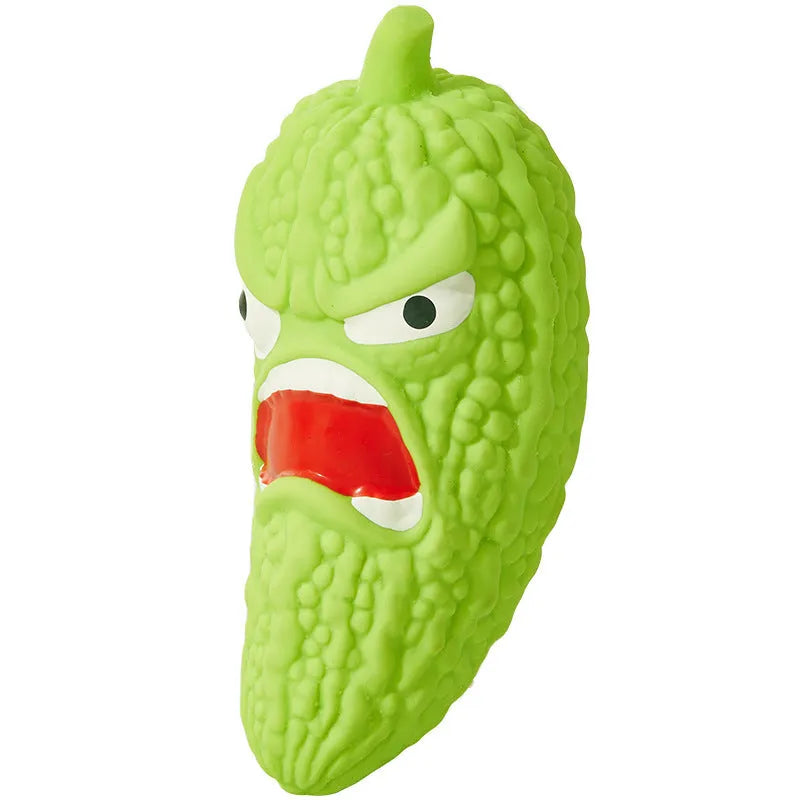 Bitter melon and chilli shaped dog chew toys with textured surfaces for teeth cleaning