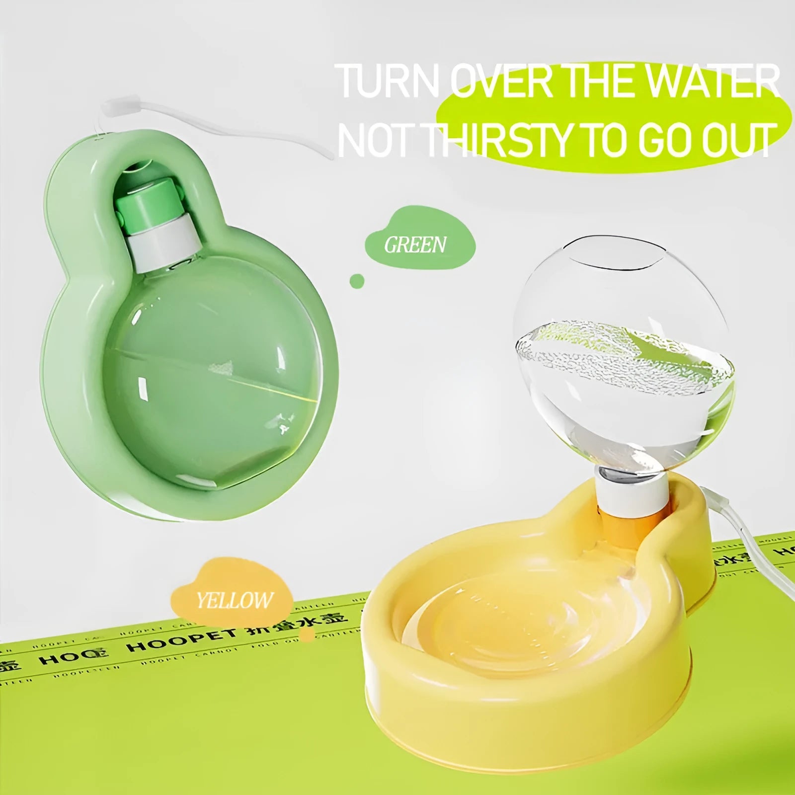 Green portable dog water bottle with detachable drinking bowl for travel