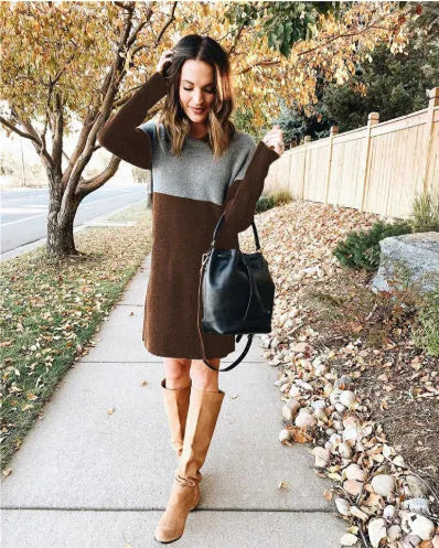 Brown women's loose long sleeve dress with patchwork detail and princess skirt silhouette.