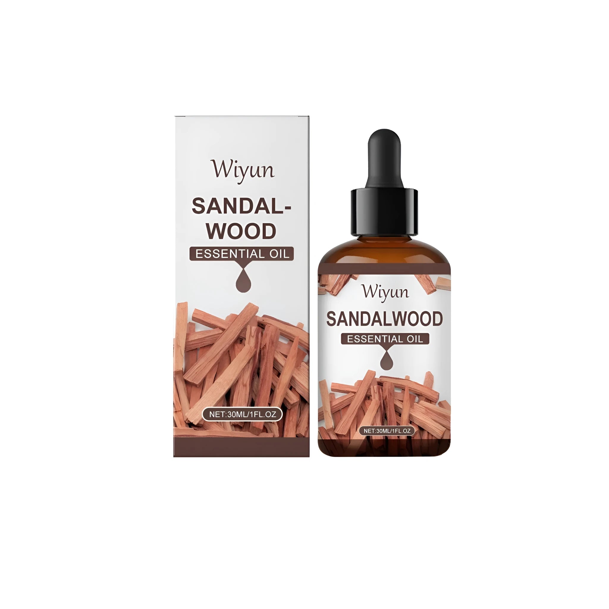 30ml glass bottle of sandalwood fragrance essential oil blend with vitamin E