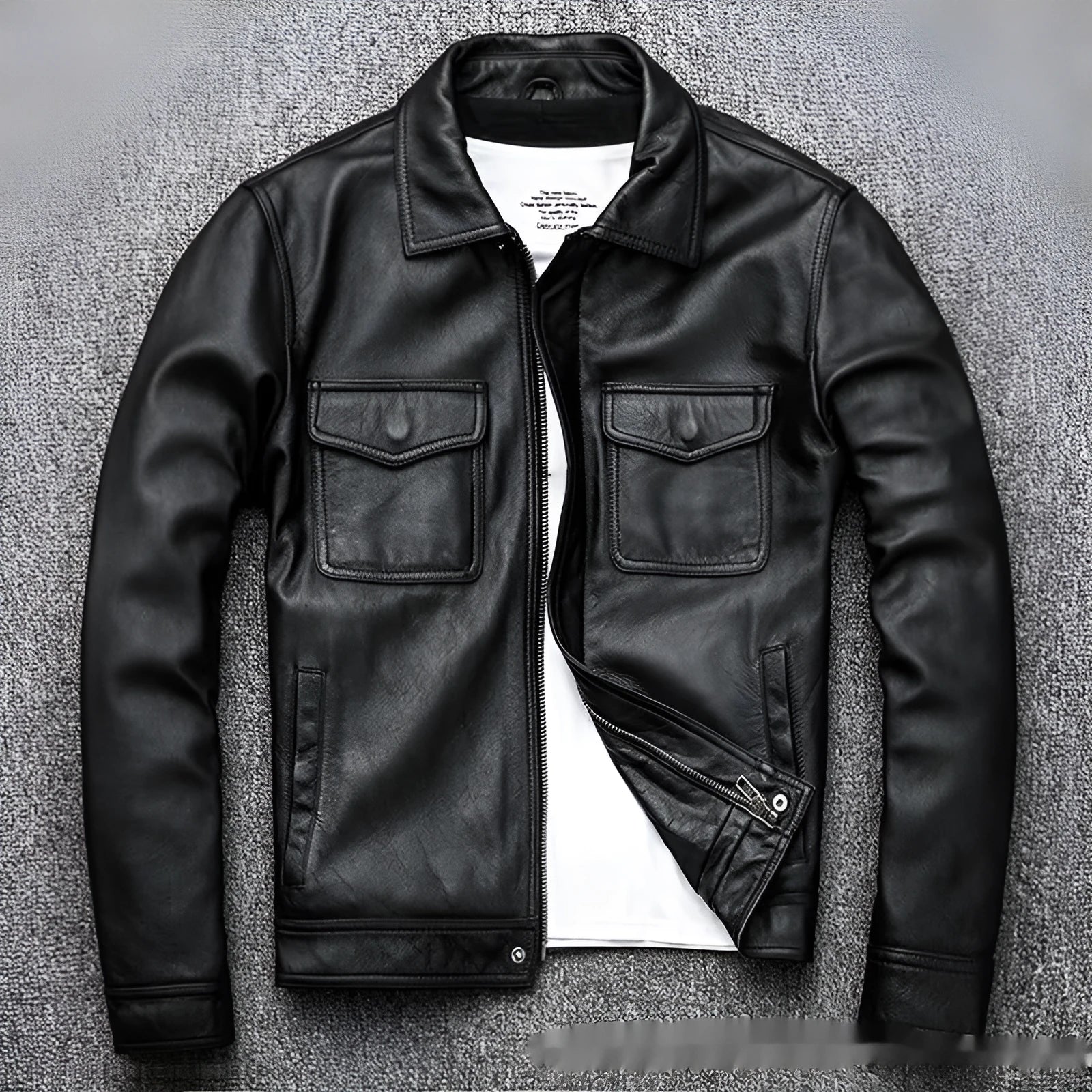 Men's retro short slim PU leather coat in black, front view