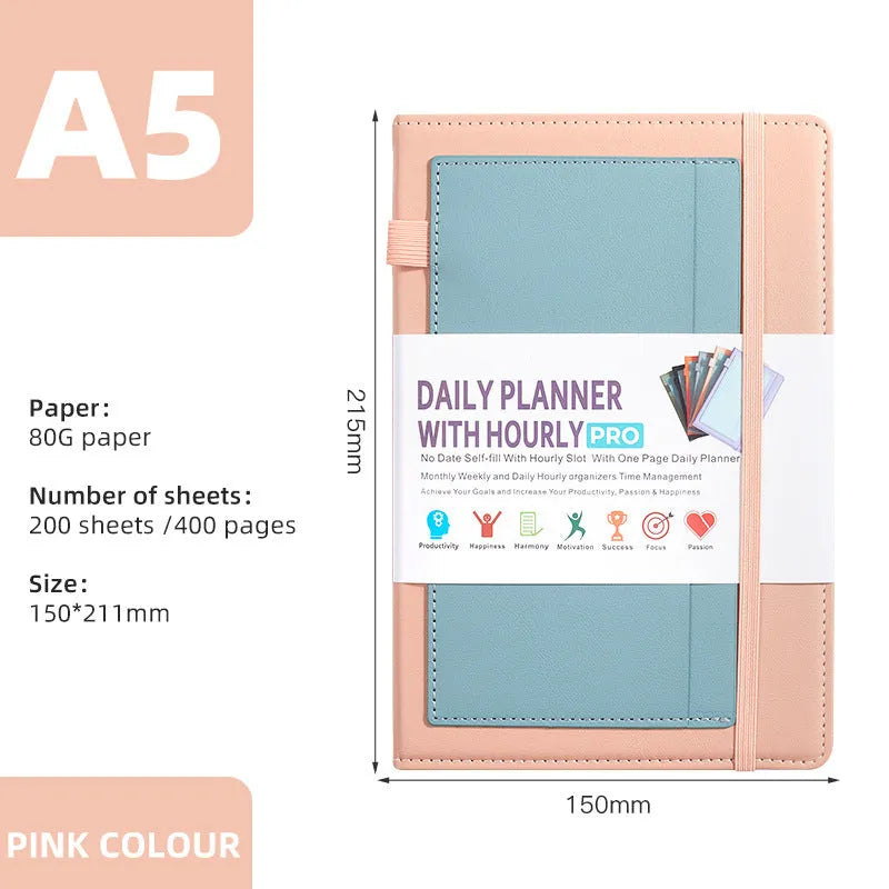 A5 undated notebook with PU leather cover in six colours, open to show flat-lay binding and planning stickers.