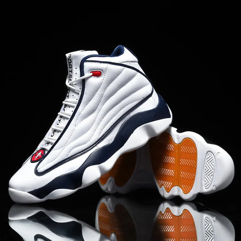 High-top running basketball shoes with mesh upper and thick rubber sole in AJ13 colour options