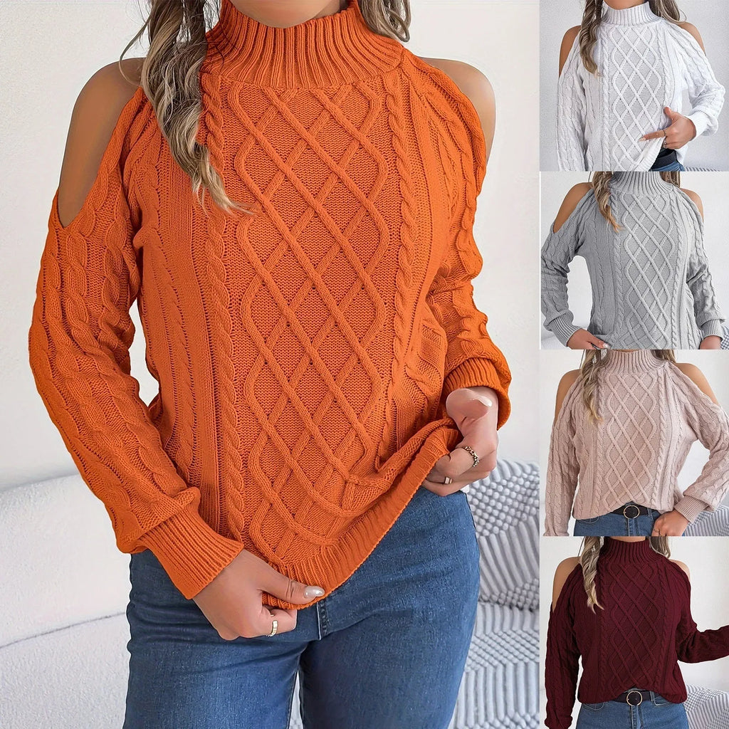 Women's strapless acrylic sweater with twist detail, half-high collar, and long lantern sleeves