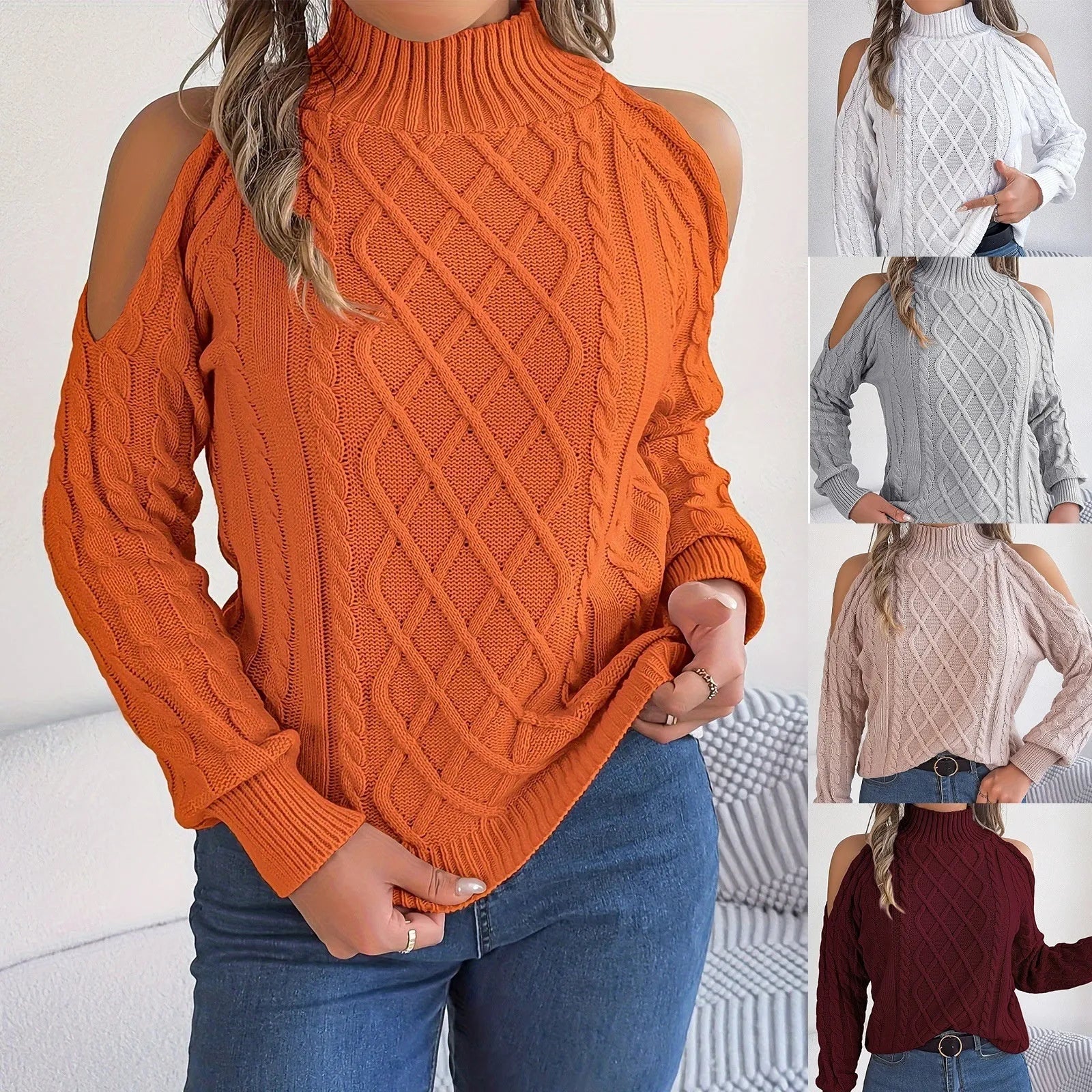 Women's strapless acrylic sweater with twist detail, half-high collar, and long lantern sleeves