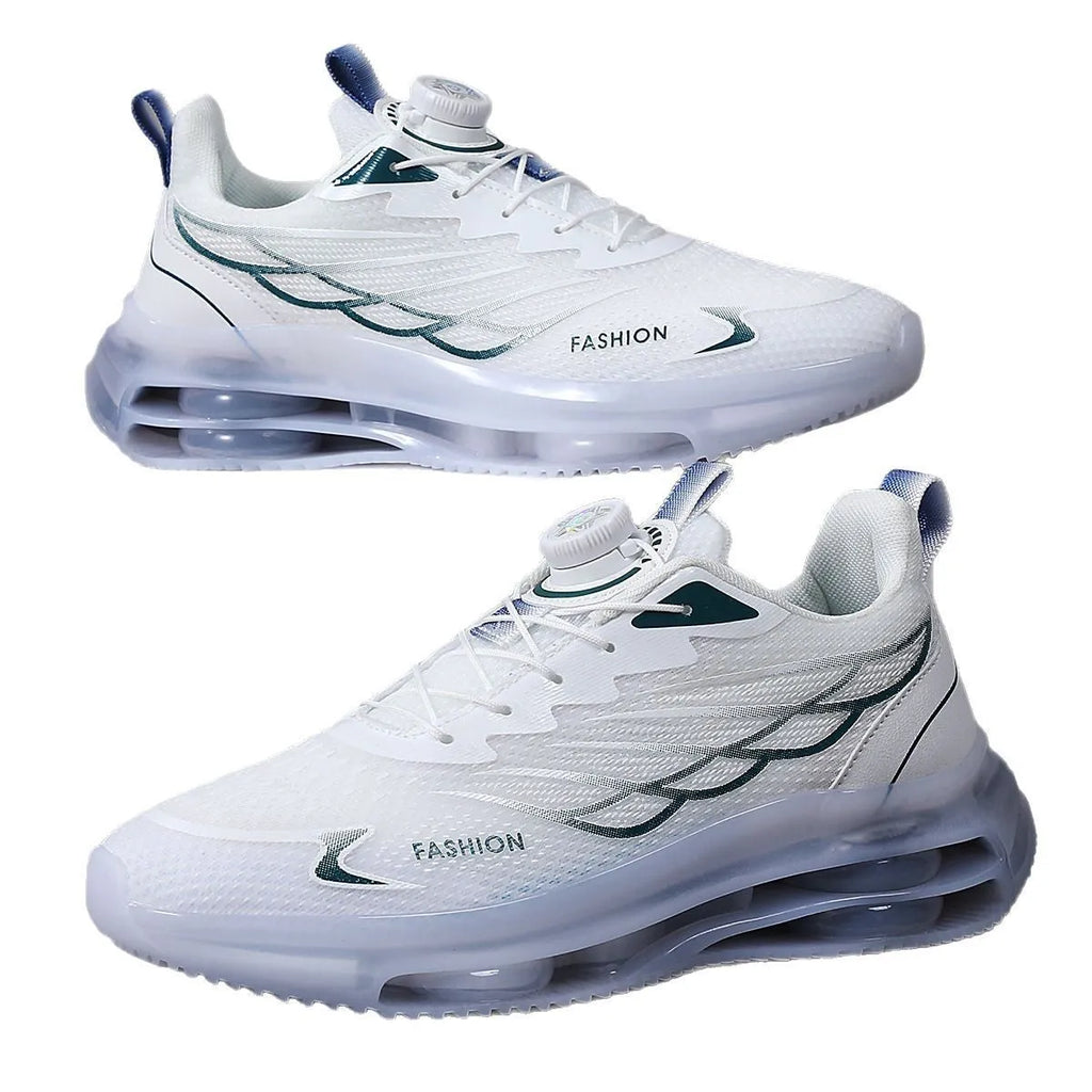 White men's casual sneakers with rotating button lace system and mesh upper in Korean style design