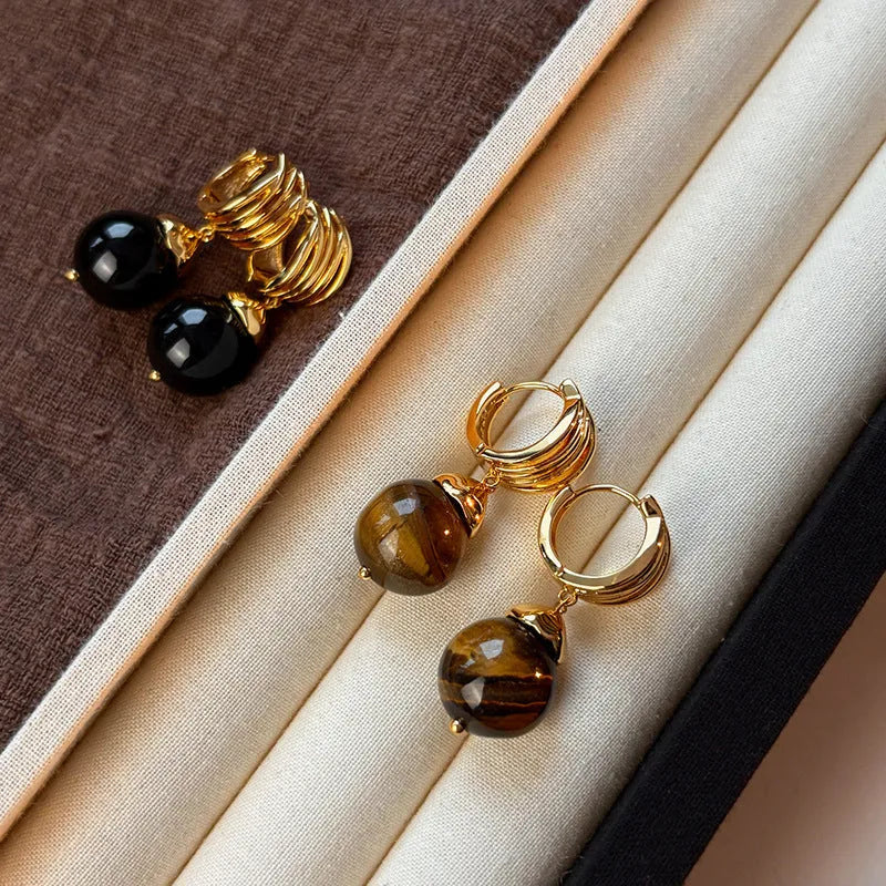 Geometric tigereye earrings with real gold plating in French retro style