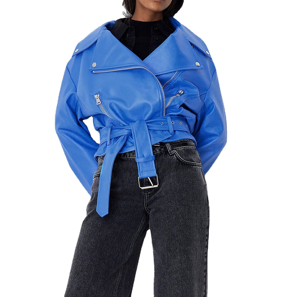 Punk short belt lapel locomotive style jacket in black with Peter Pan collar.