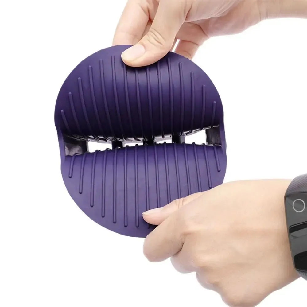 Purple massaging pet shampoo brush with soft TPR bristles, dual-sided dog grooming tool on white background