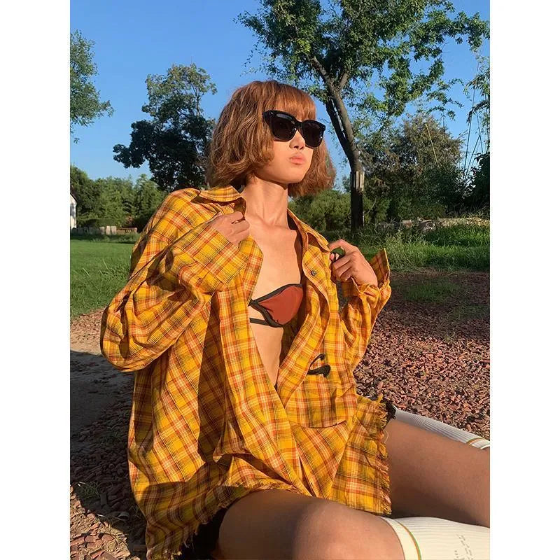Dopamine yellow plaid shirt in loose cardigan style made from polyester blend fabric