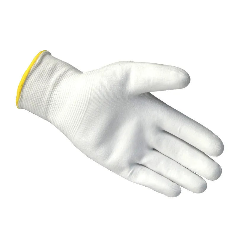 White PU coated labour gloves showing palm detail and length, sizes L and M, in a 10-pair pack.