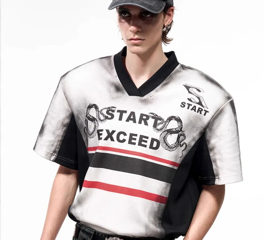 Korean style V-neck top with snake pattern lettering print and padded shoulder details