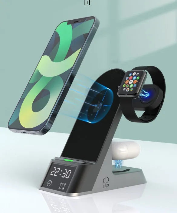 Black six-in-one wireless charging alarm clock with Apple Watch dock and LED display