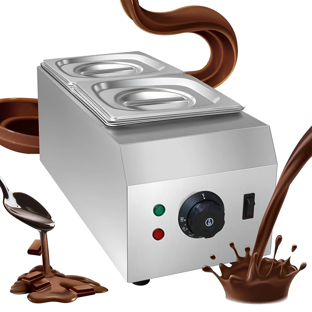 Commercial electric double pot chocolate melting machine with digital temperature display.