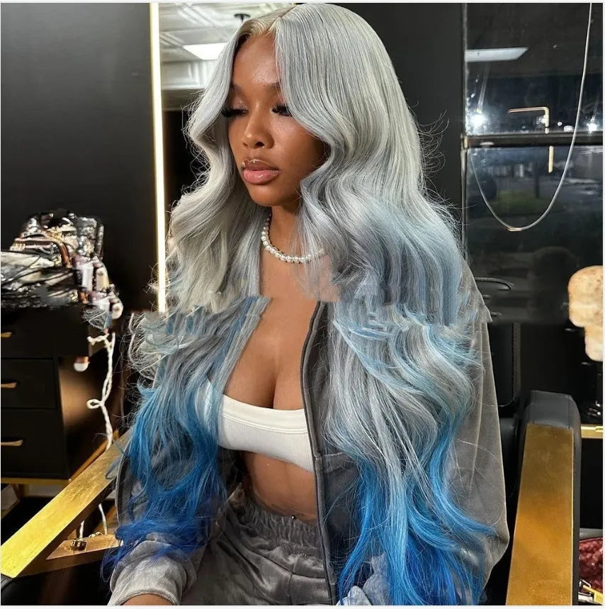 Grey-blue gradient human hair wig with lace frontal shown at medium length