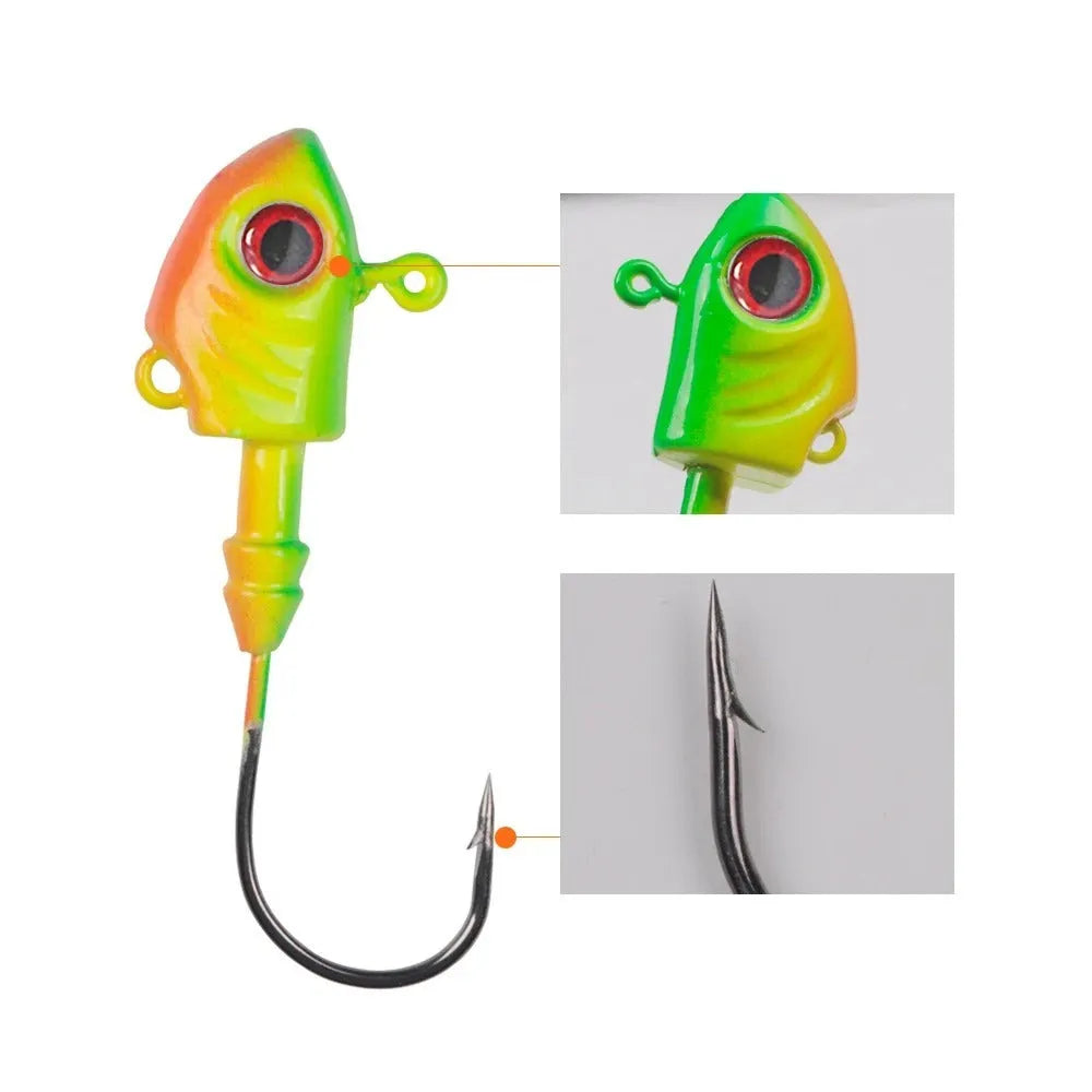 Simulation Yayu shaped lead head fishing jig hooks in blue, silver, yellow colours on a tackle background.