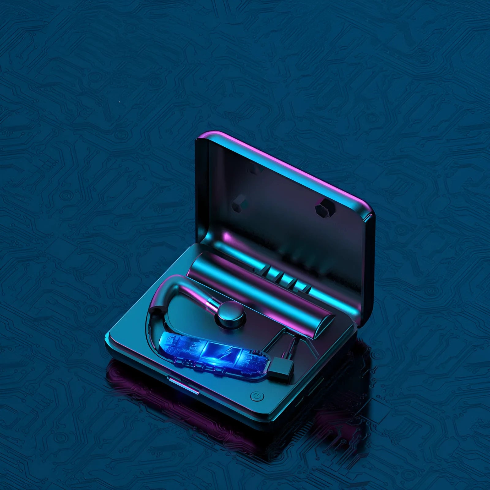 Black hanging-ear Bluetooth earphones with hook design, shown with charging case and spare ear caps.