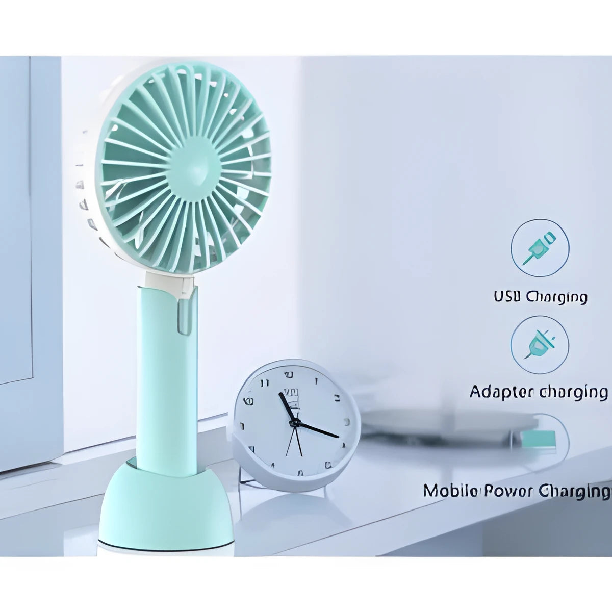Blue mini USB electric fan with three-speed control on desk