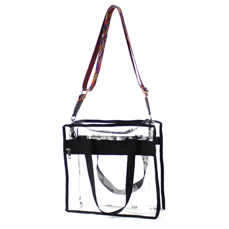 Women's transparent PVC front crossbody messenger bag with black side net pocket and double shoulder straps.