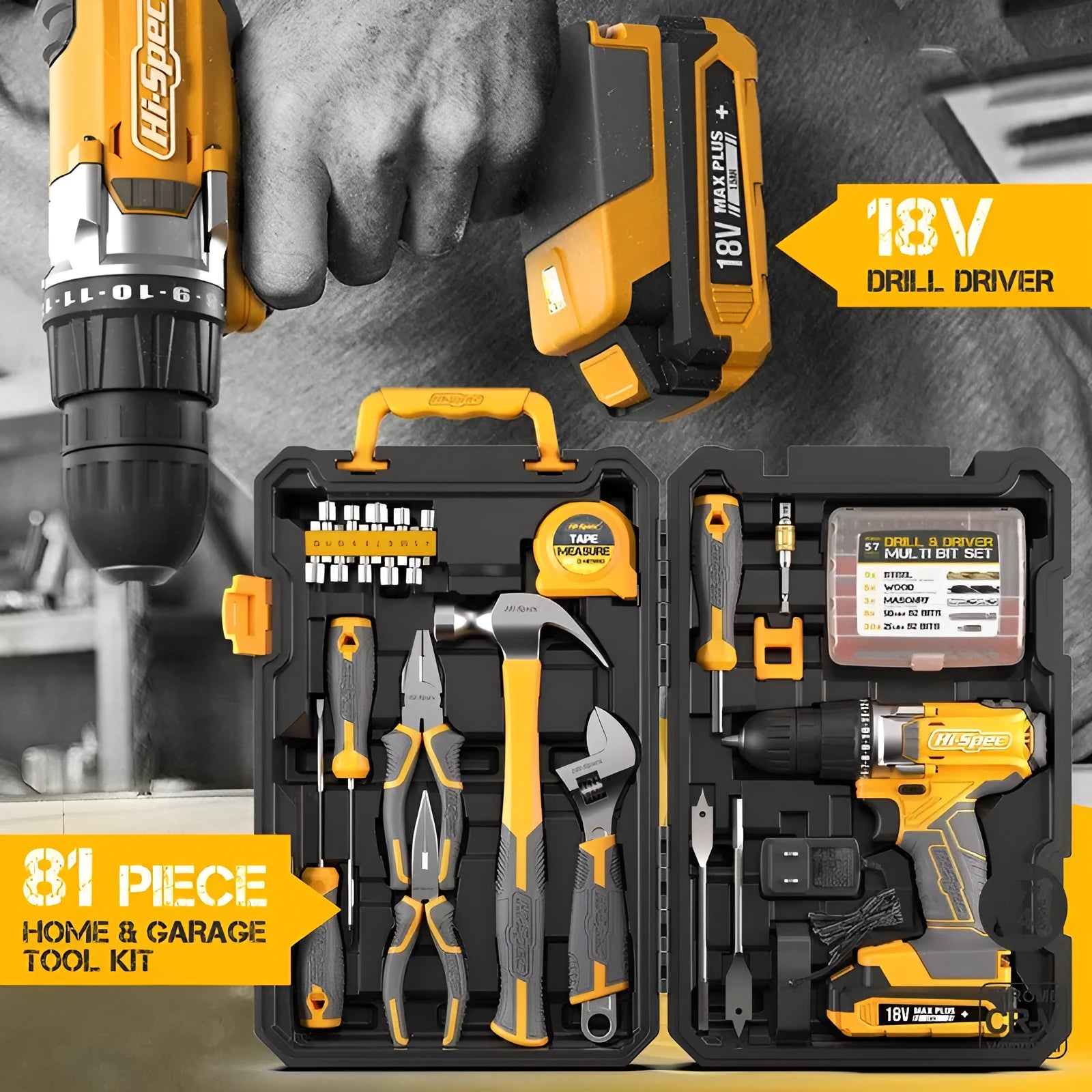 Grey yellow 82-piece home repair tool set in toolbox for furniture installation