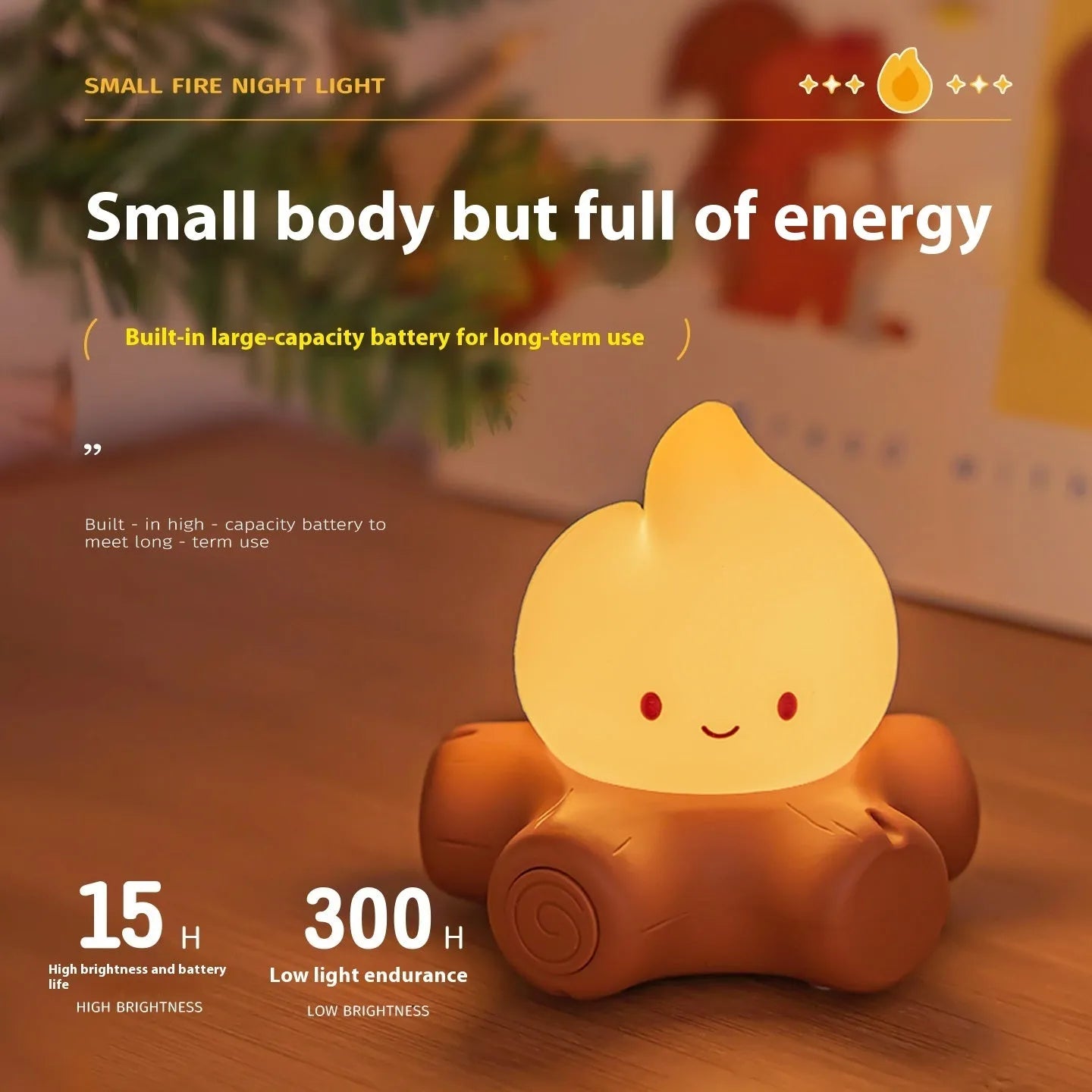 Cartoon-style silicone fire pile night lamp with yellow light and built-in battery