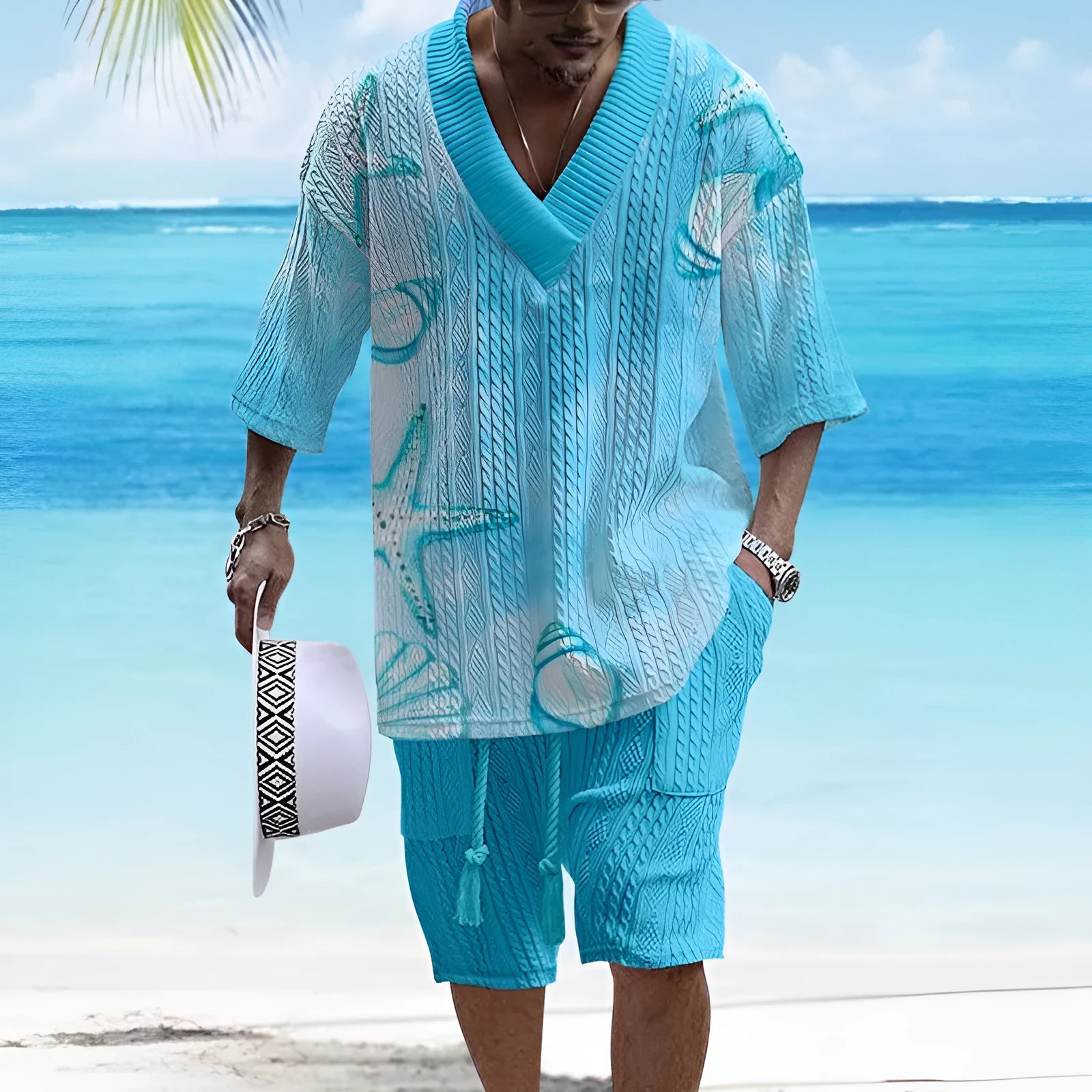 Man wearing a loose-fitting light blue short sleeve top and matching casual shorts from a polyester suit set.