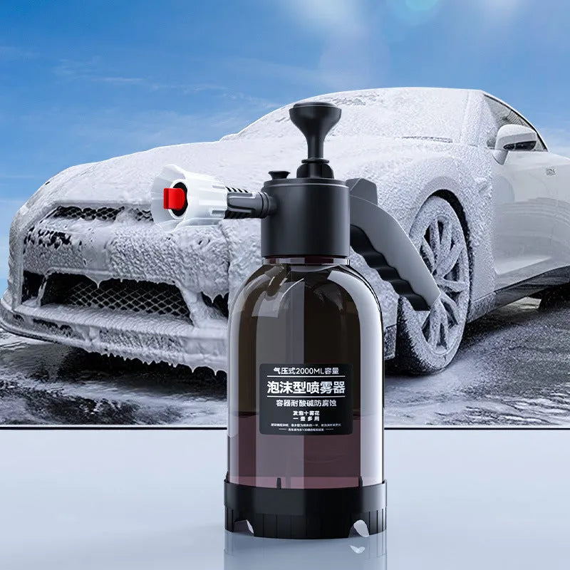 Black hand-held 2L foam sprayer watering can with nozzle, for garden and car washing.