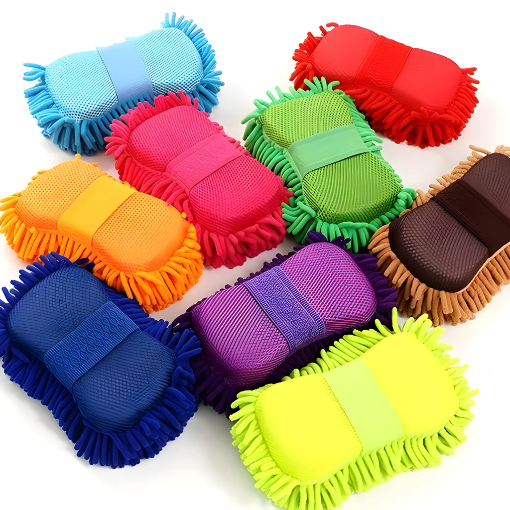 Silvery green microfiber chenille car wash sponge measuring 14x25 cm with spiral wool construction