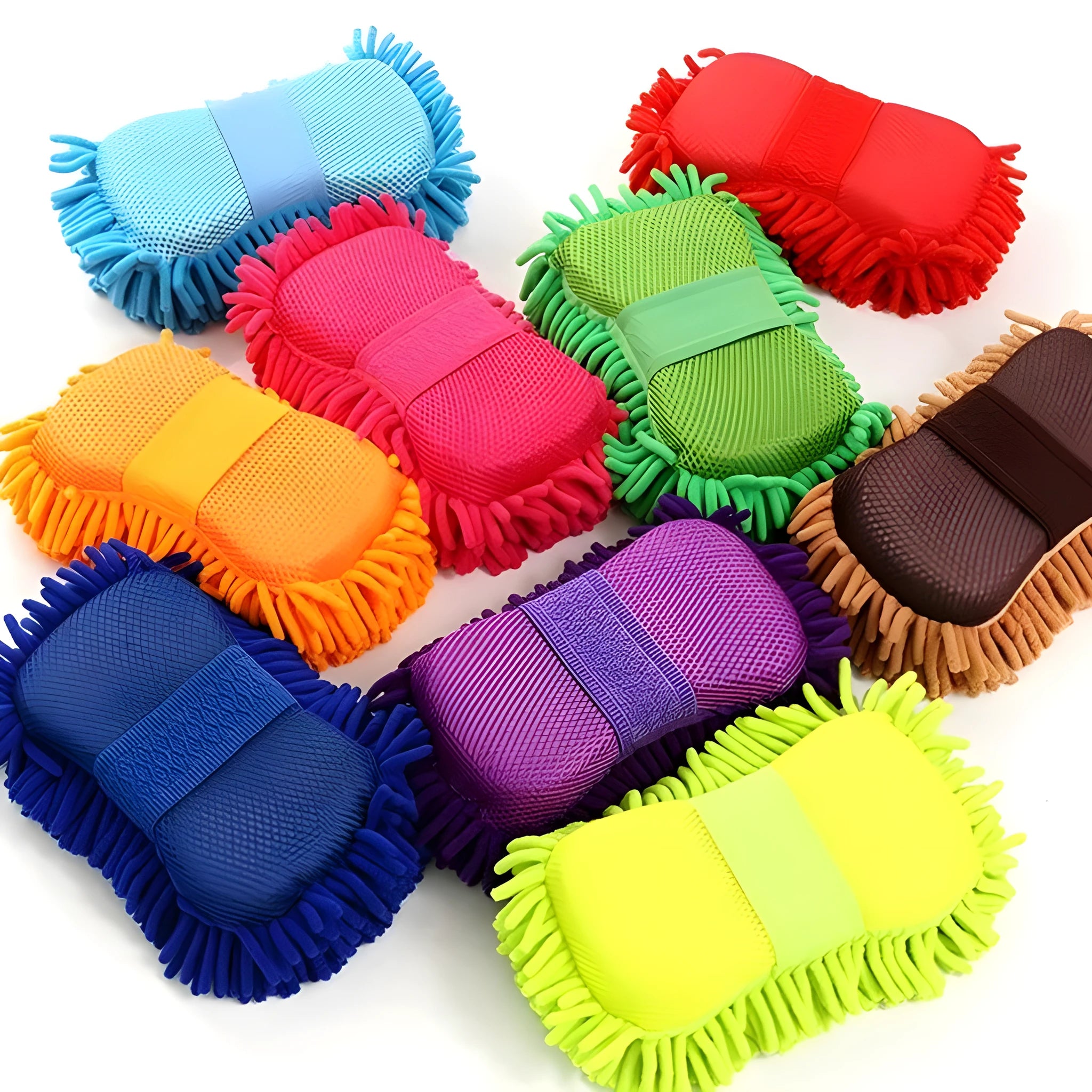 Silvery green microfiber chenille car wash sponge measuring 14x25 cm with spiral wool construction
