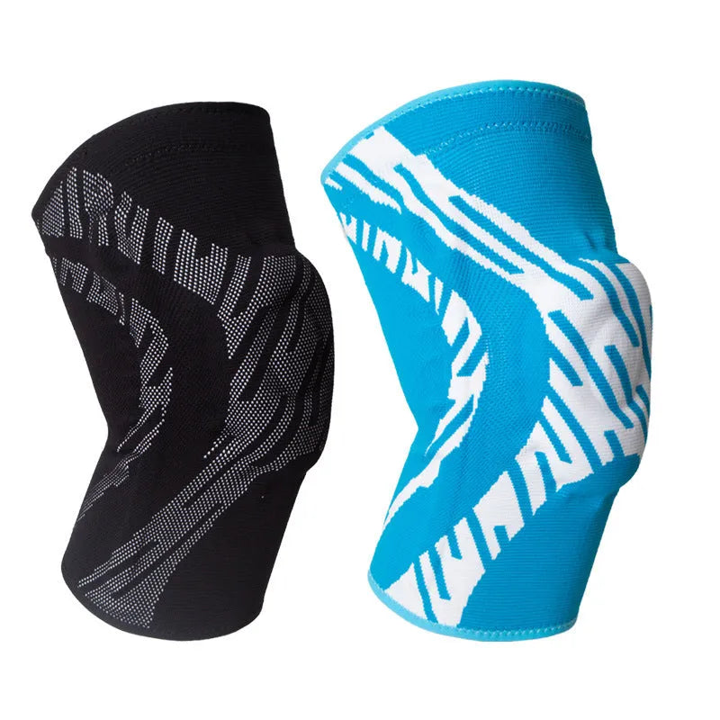 Men's nylon basketball knee pads in black and blue colours showing knee protection design