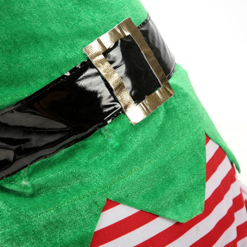 Green elf pet costume for dogs made from cotton, available in sizes XS to XXL, with or without attached light