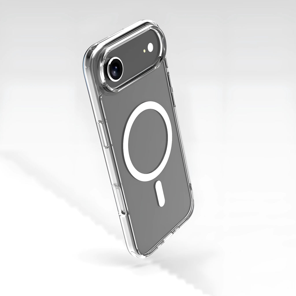 Transparent magnetic protective case for iPhone 17 series phones showing clear design and magnetic ring