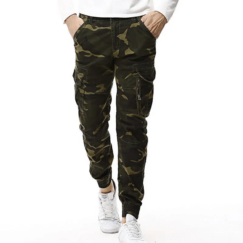 Men's outdoor camouflage trousers in blue grey camouflage colour, mid-waist, polyester fibre