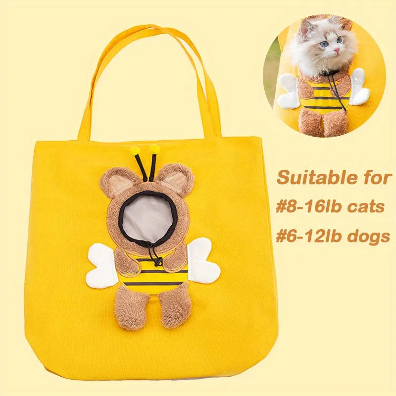Canvas pet shoulder carrier bag with safety zippers and side opening in blue, grey, or yellow with animal patterns