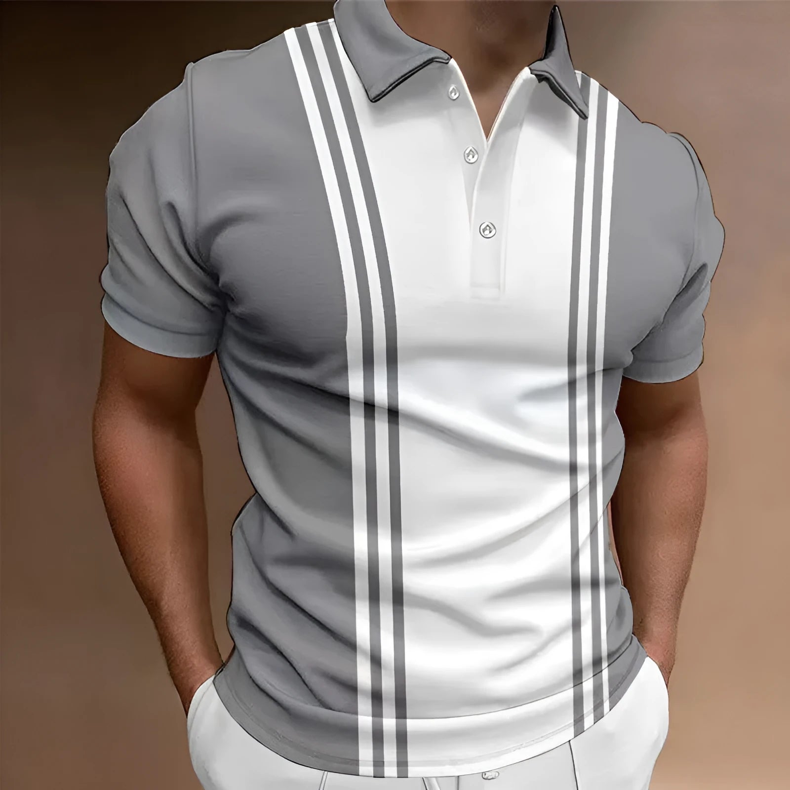Casual 3 button lapel men's T-shirt in blue, loose fit short sleeve polyester top
