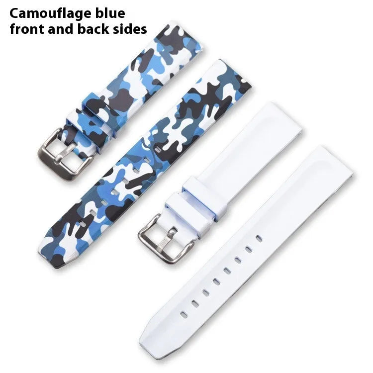 Camouflage pattern silicone watch strap with universal flat head in blue, grey, and green