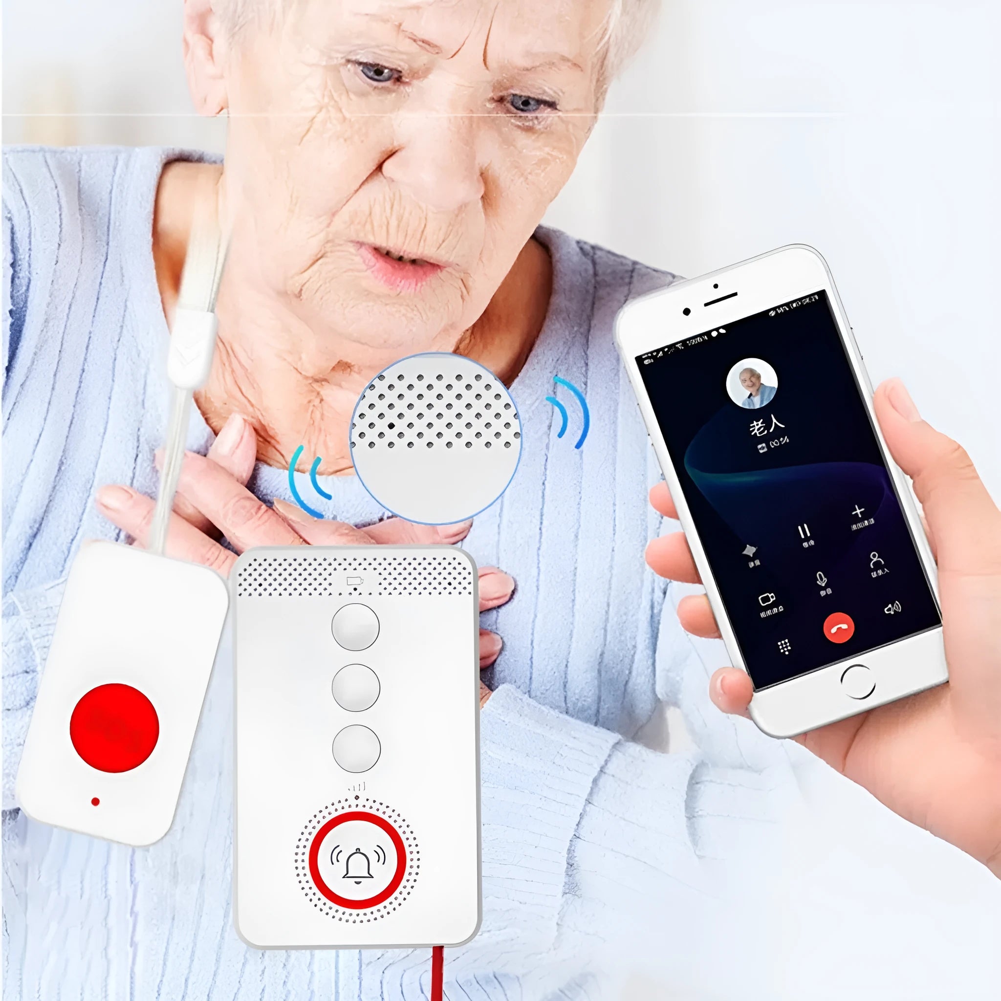 White emergency alert system with one central buzzer unit and three separate call buttons.
