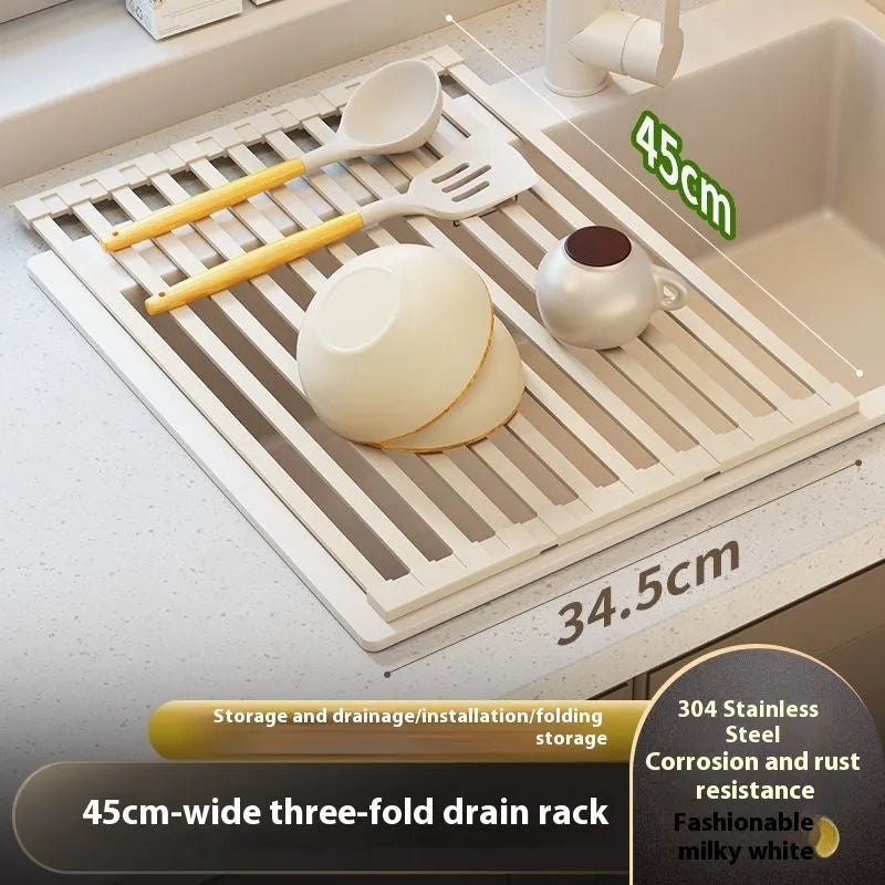 Milky White foldable stainless steel kitchen draining rack shown folded and unfolded.
