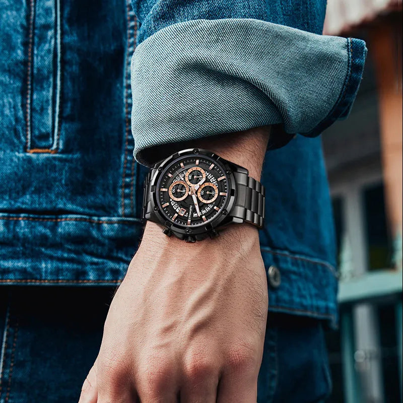 Men's waterproof luminous quartz watch with steel belt in three colour options
