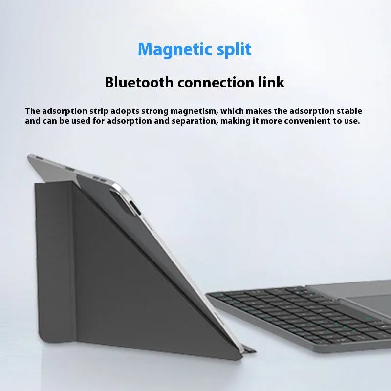 Grey wireless Bluetooth folding keyboard shown open for use with mobile phones and tablets