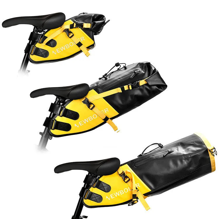 Waterproof PVC bicycle tail bag in yellow showing 13L capacity and mounting straps
