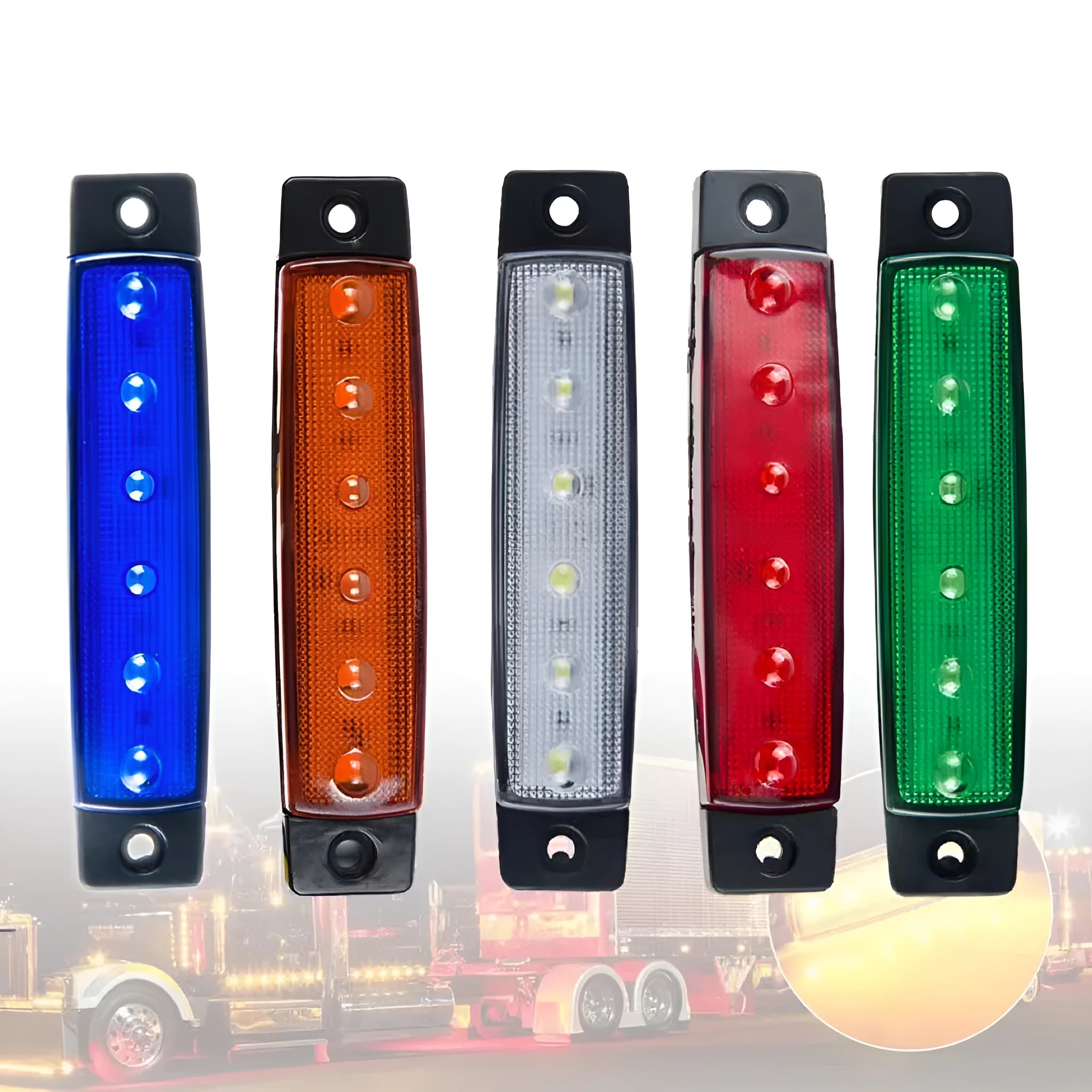 W-SMD model trailer side warning light in five colour options on a white background.