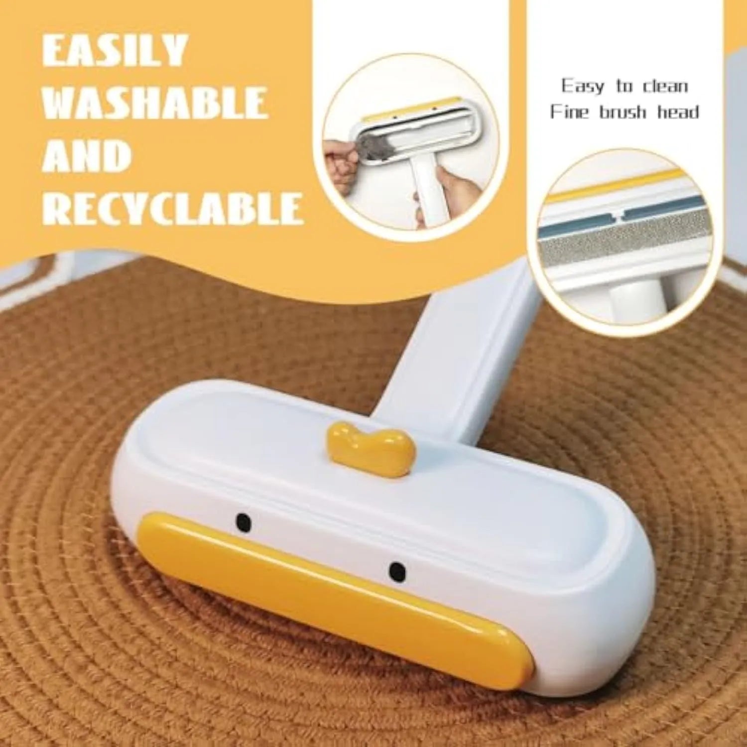 White portable reusable pet hair removal roller with cartoon duck design and dense bristles.
