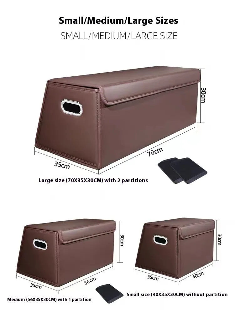 Folding car trunk storage organiser in waterproof leather, available in black, brown, and wine red colours with medium and small size options.