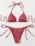 Women's bandage style bikini swimsuit set in polyester, shown in khaki gold colour.